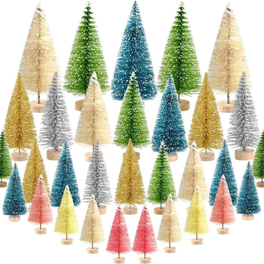 38Pcs Multicolor Mini Sisal Trees Bottle Brush Trees Mini Pine Tree with Wood Ba